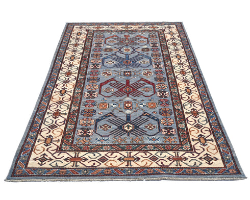 4x6 Ft Blue Gray Afghan Hand Knotted Kazak Wool Area Rug